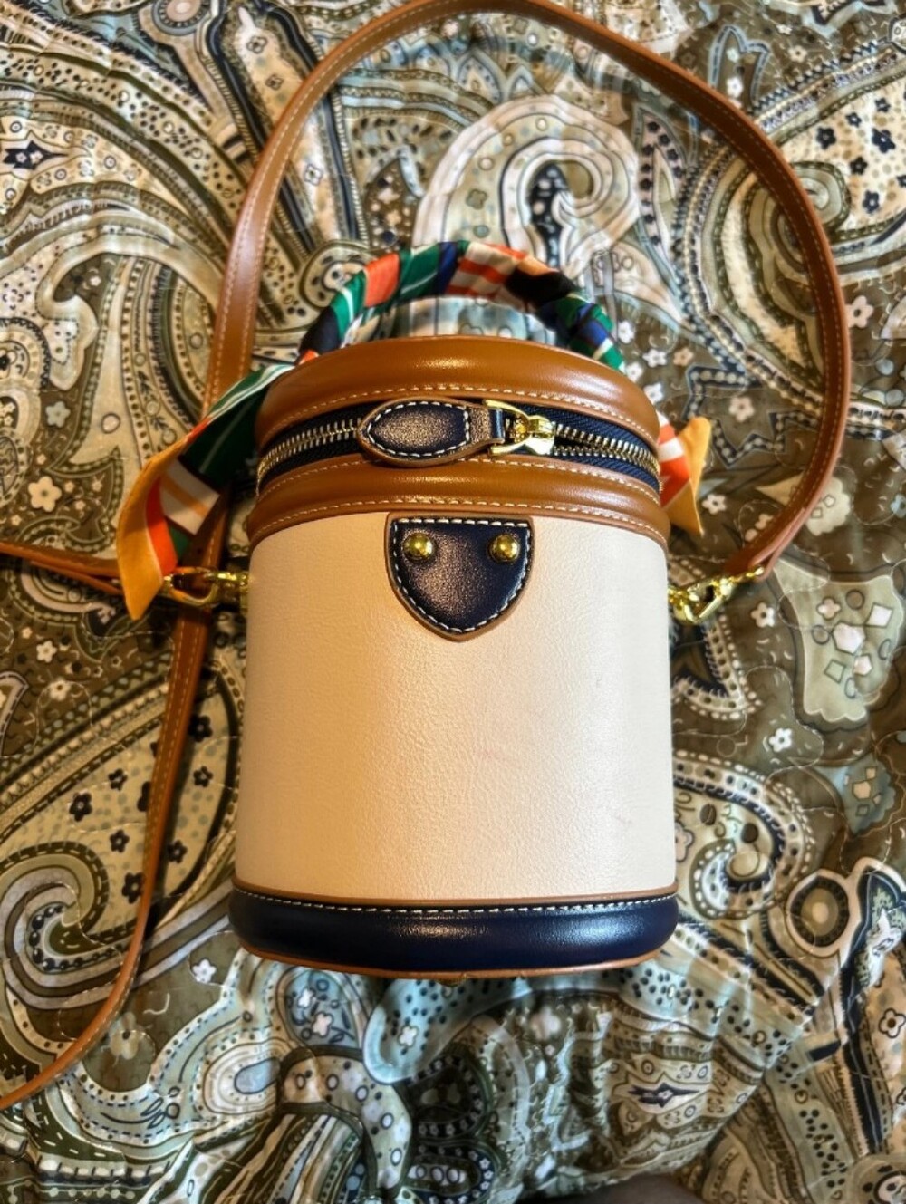 Cream Barrel Crossbody Bag with Tan & Navy Accents